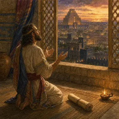 The Book of Daniel: Daniel praying by an open window toward Jerusalem