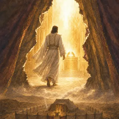 Hebrews: Christ the great high priest entering through the torn veil
