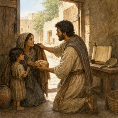 James: a believer giving bread and a warm cloak to a poor widow and child