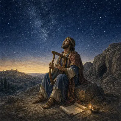 The Book of Psalms: David singing under the night sky with harp and lamp