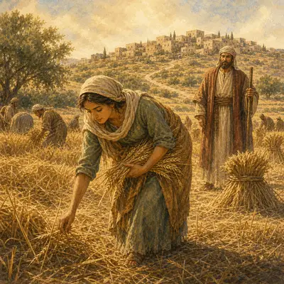 The Book of Ruth: Ruth gleaning barley in the field of Boaz