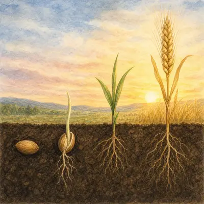A seed sown in soil grows into wheat, illustrating the resurrection body in 1 Corinthians 15.