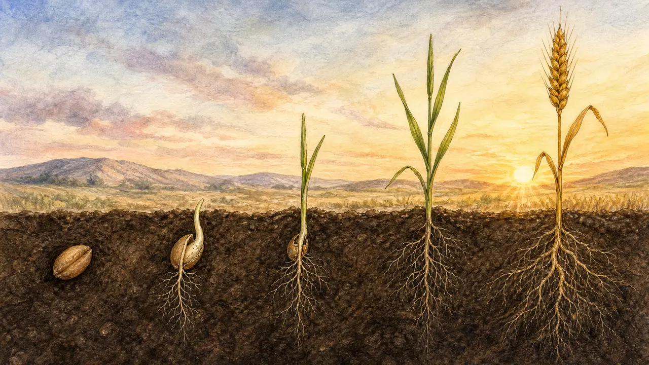 A seed sown in soil grows into wheat, illustrating the resurrection body in 1 Corinthians 15.