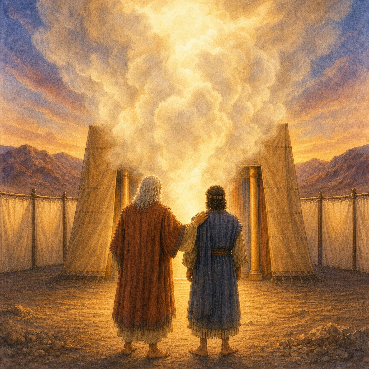 Barefoot Moses and Joshua facing the pillar of cloud at the tent of meeting