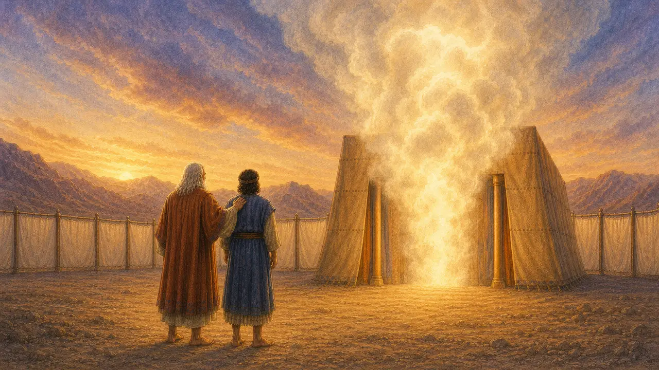 Barefoot Moses and Joshua facing the pillar of cloud at the tent of meeting