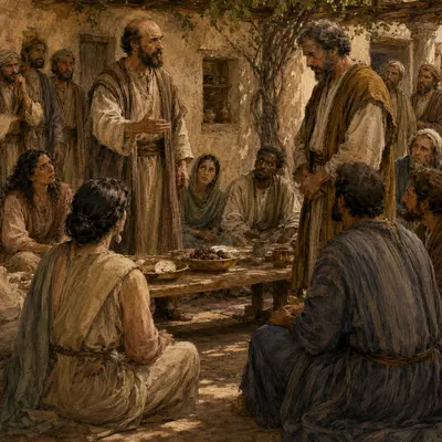 Paul publicly confronts Peter in Antioch as Jewish and Gentile believers gather around a shared meal.