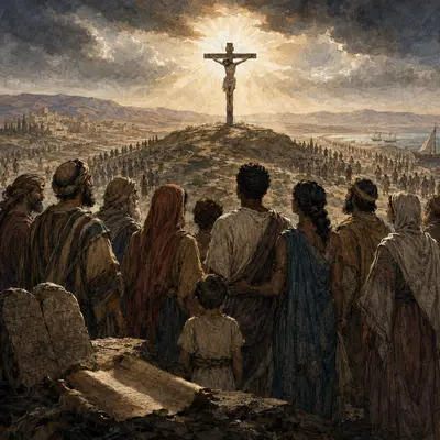 A crowd looks toward Christ crucified on a hill beneath a stormy sky.