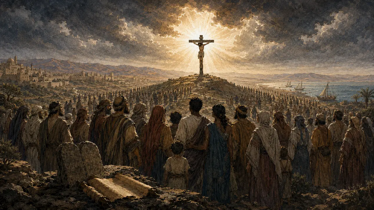 Crowds from the nations look toward Christ crucified on a hill, with Jerusalem and the sea in the distance.