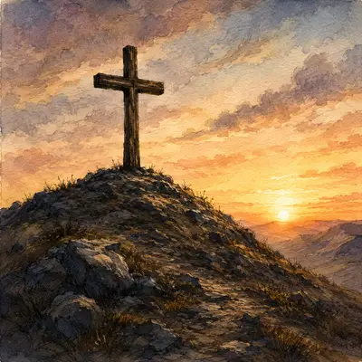 The cross of Christ stands on a hill at sunrise, the believer's only boast.