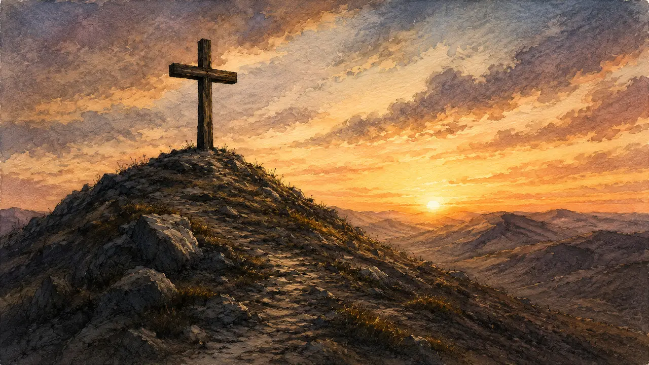 The cross of Christ stands on a hill at sunrise, the believer's only boast.