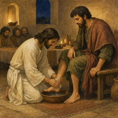 Jesus kneeling to wash Peter's feet in the upper room