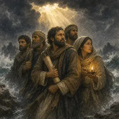 Christians holding fast in the storm with sunlight coming through the clouds