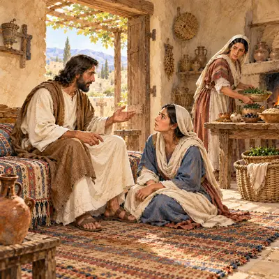 Mary seated at Jesus' feet listening to His word while Martha prepares food behind them