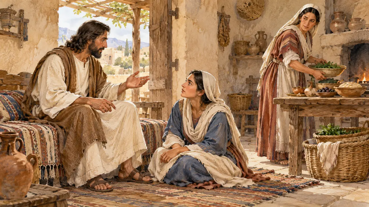 Mary seated at Jesus' feet listening to His word while Martha stands at the table, busy with preparations