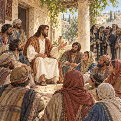Jesus seated teaching a crowd while Pharisees and scribes stand apart watching