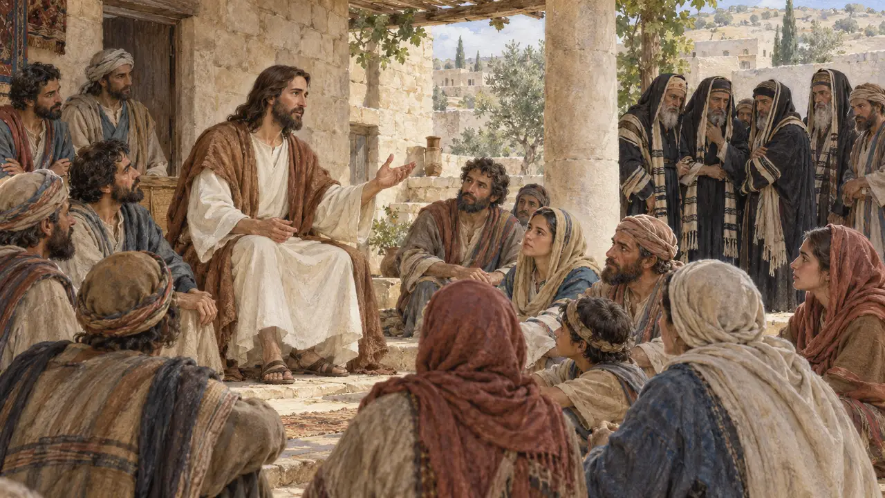 Jesus seated on stone steps teaching a gathered crowd while robed Pharisees and scribes stand apart, watching Him closely