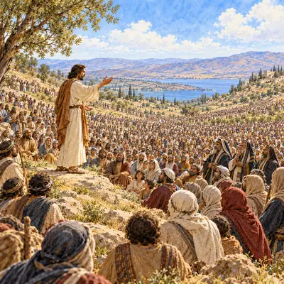 Jesus standing on a rocky hillside teaching a vast crowd while Pharisees watch from among the people