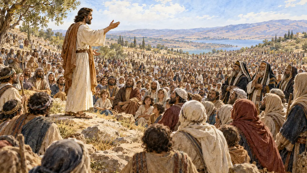 Jesus standing on a rocky hillside above the Sea of Galilee, teaching a crowd of thousands while robed Pharisees watch from among the people