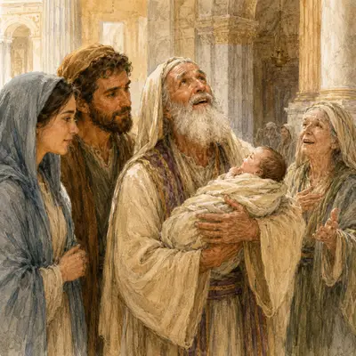 Simeon holds the infant Jesus in the temple as Mary, Joseph and Anna look on