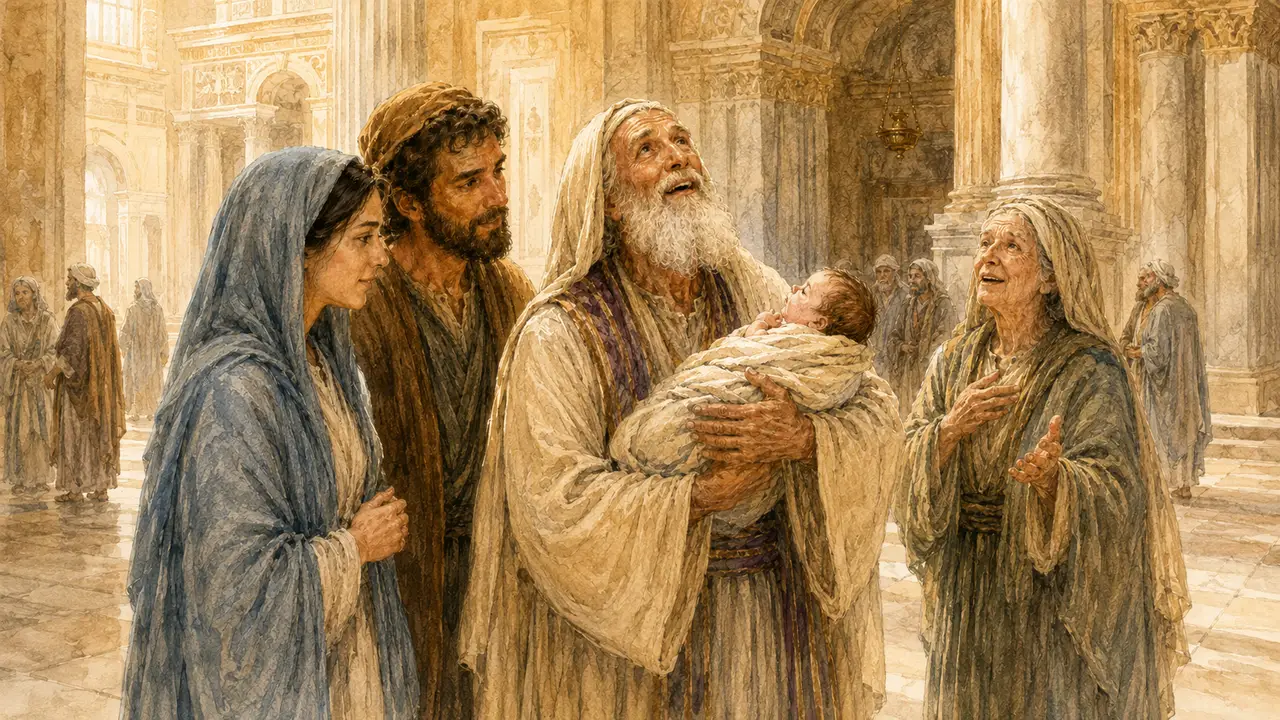 Simeon holds the infant Jesus in the temple as Mary, Joseph and Anna look on