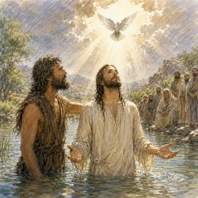 John baptises Jesus in the Jordan as the Holy Spirit descends like a dove
