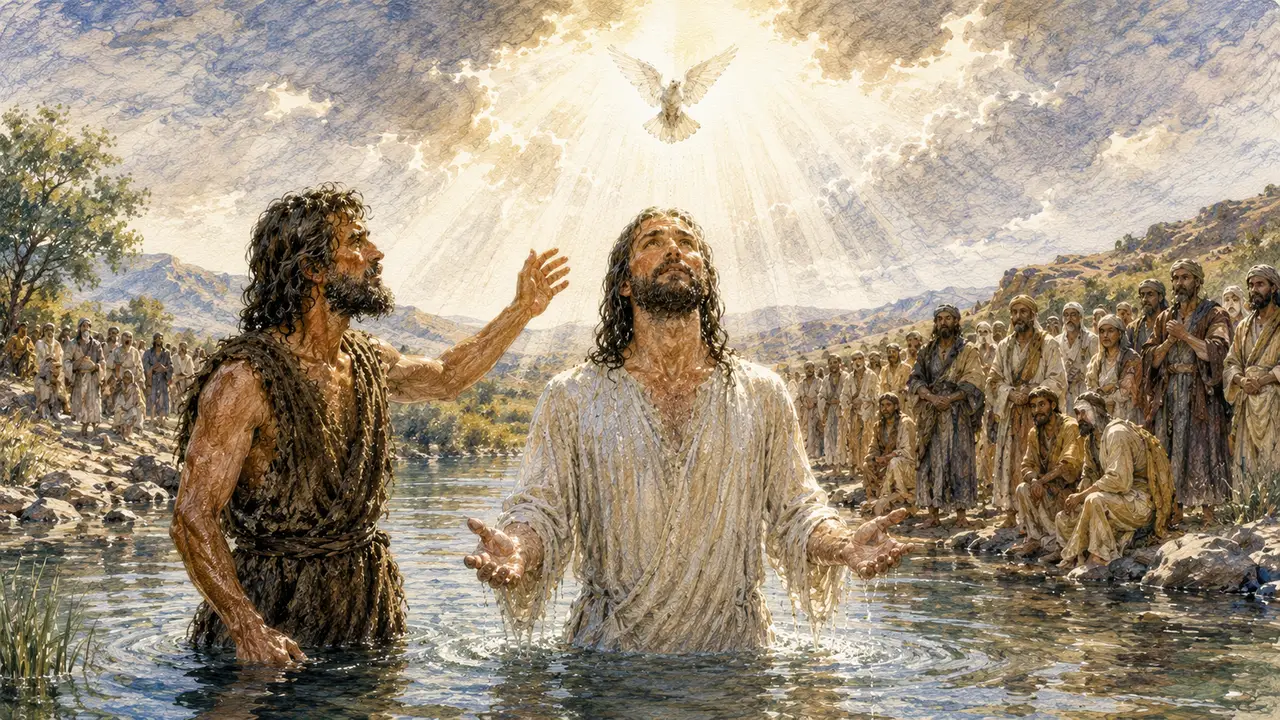 John baptises Jesus in the Jordan as the Holy Spirit descends like a dove