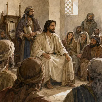 Jesus seated in the Nazareth synagogue after reading from Isaiah, as the attendant holds the scroll and the congregation looks on