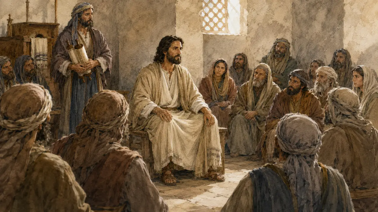 Jesus seated in the Nazareth synagogue after reading from Isaiah, as the attendant holds the scroll and the congregation looks on