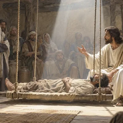 Jesus heals the paralysed man while the Pharisees look on