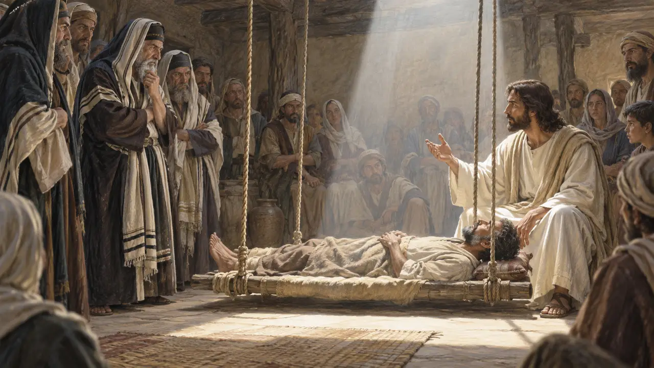 Jesus heals the paralysed man while the Pharisees look on