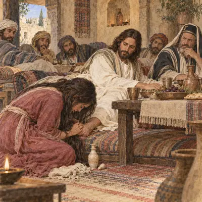 A weeping woman kneels at Jesus' feet with her hair loose while Simon the Pharisee and the other guests look on with disapproval