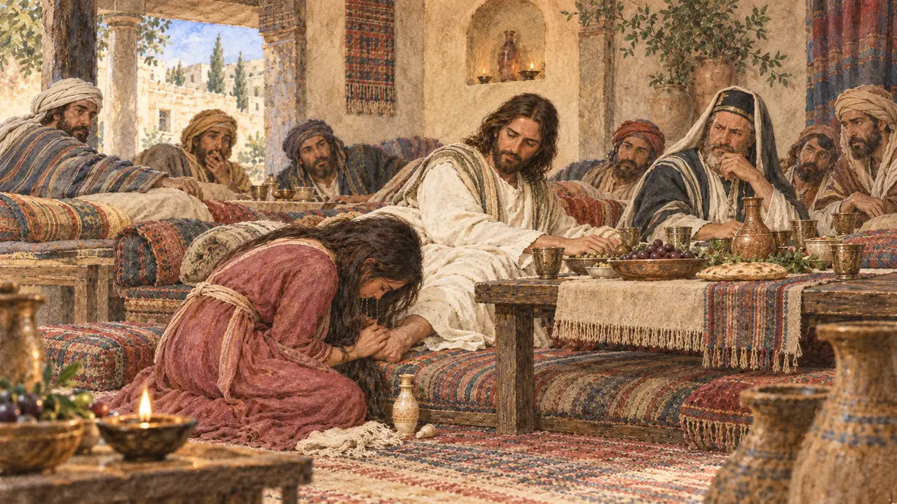 A weeping woman kneels at Jesus' feet with her hair loose while Simon the Pharisee and the other guests look on with disapproval