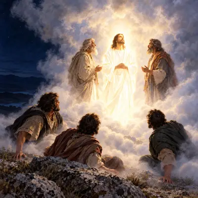 Jesus shining with glory on the mountain between Moses and Elijah