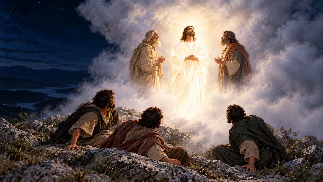 Jesus shining with glory on the mountain as the cloud overshadows the frightened disciples