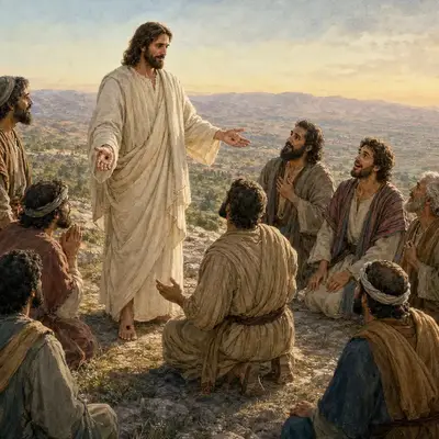 The risen Jesus with wounded hands before His worshipping disciples on a mountain in Galilee