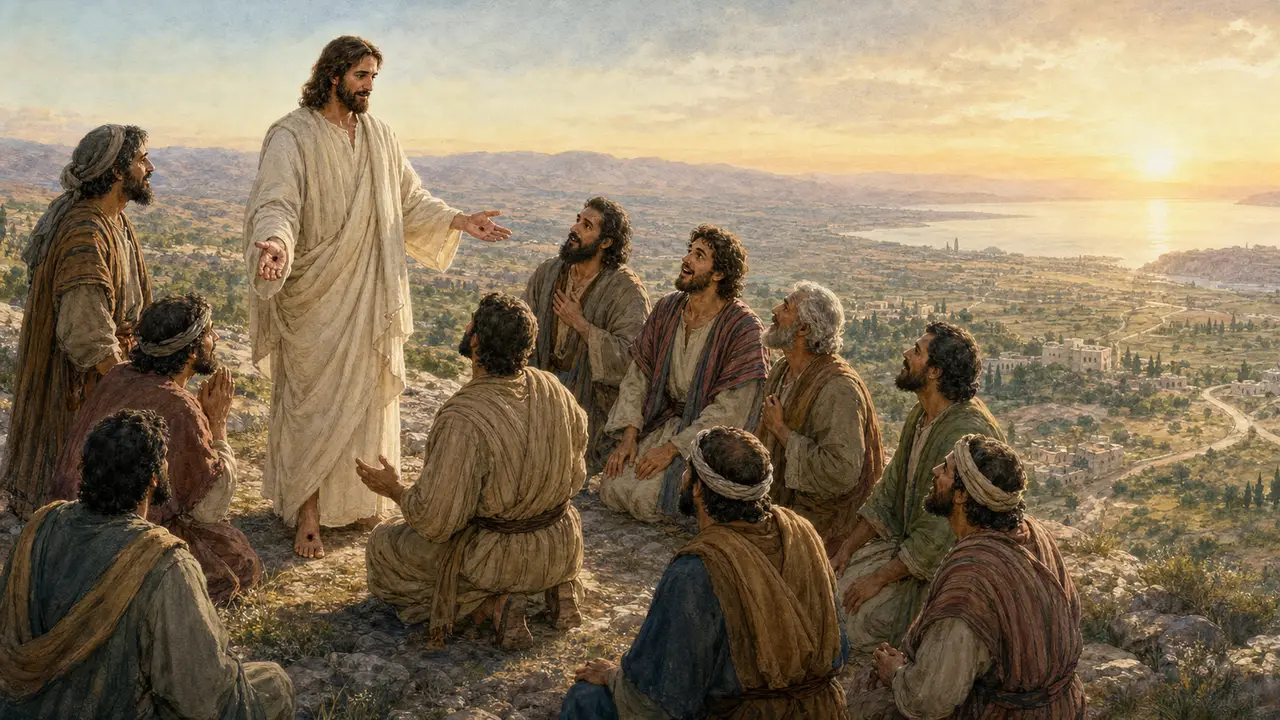 The risen Jesus showing His wounded hands to His disciples on a mountain above Galilee