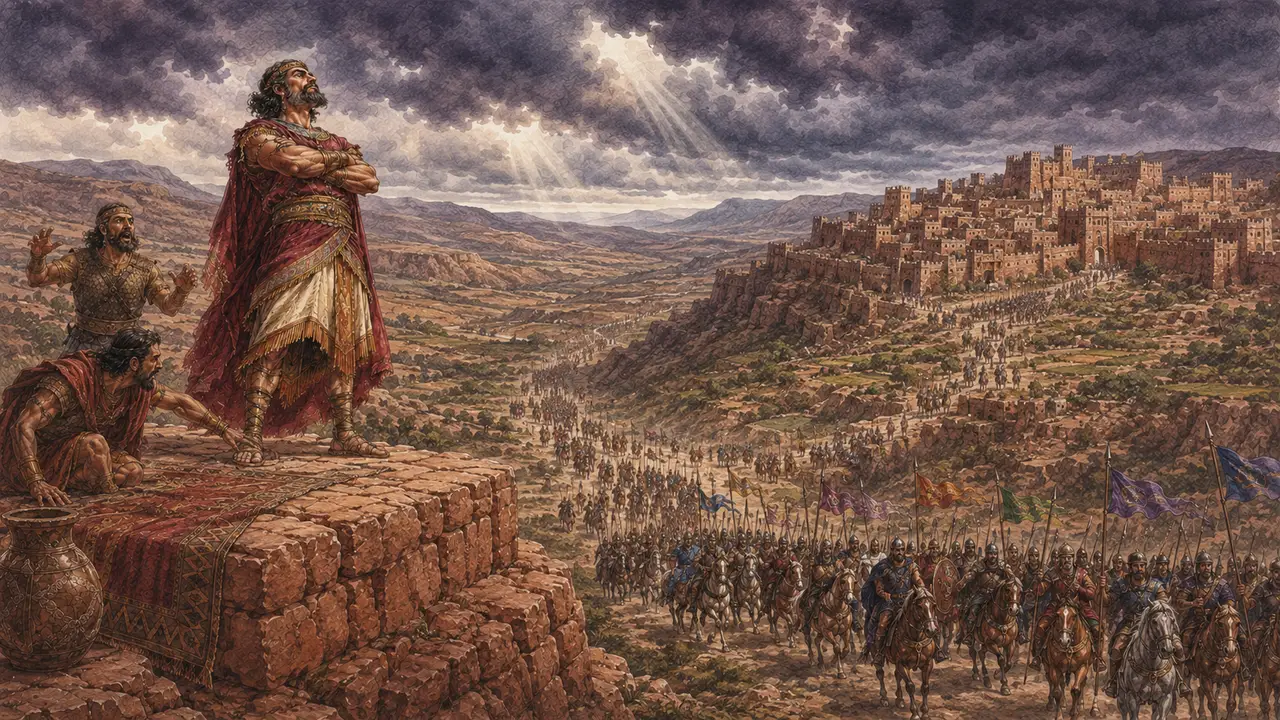 Edom proudly standing from their fortress while an invading army approaches the mountain stronghold