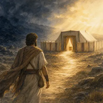 David approaching the illuminated tabernacle through the wilderness at dawn