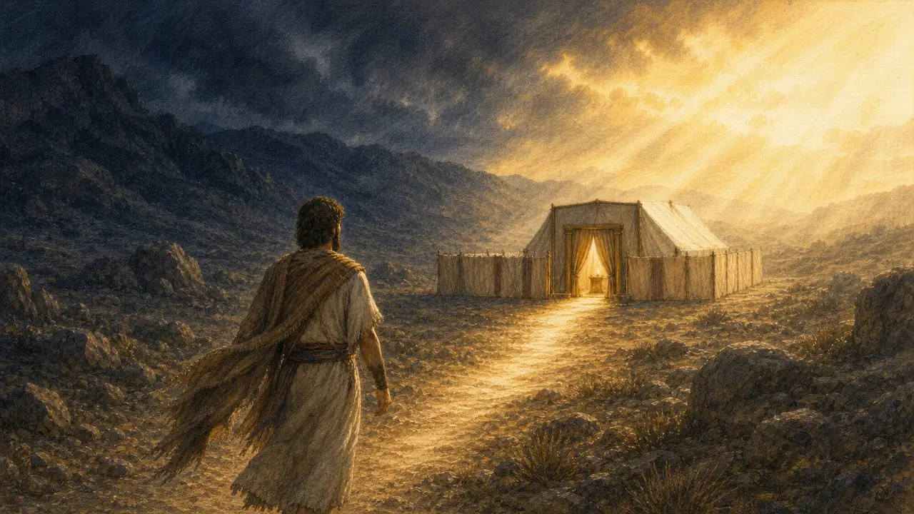 David approaching the illuminated tabernacle through the wilderness at dawn