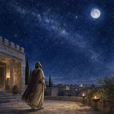 David walking outside his palace at night beneath the moon and stars