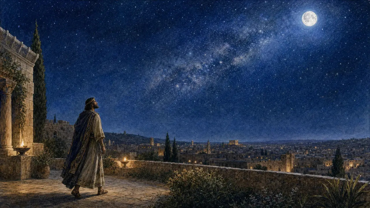 David walking outside his palace at night beneath a vast moonlit sky over Jerusalem