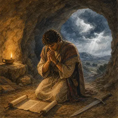 David kneels in prayer inside a cave with a scroll before him and an unused sword beside him as storm clouds gather outside.